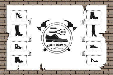 Shoe repair service and maintenance. Vector image. Shoemaker, cobbler template. Repair of women's and men's shoes. Shoes and a set of tools silhouette. Announcement sheet hanging on a brick wallのイラスト素材