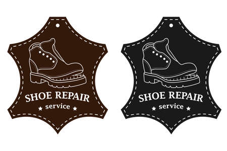 Shoe repair service and maintenance. Vector image of logo. Trendy concept in old retro style. Shoemaker, cobbler logo template. Repair of women's and men's shoes. Shoes and a set of tools silhouetteのイラスト素材