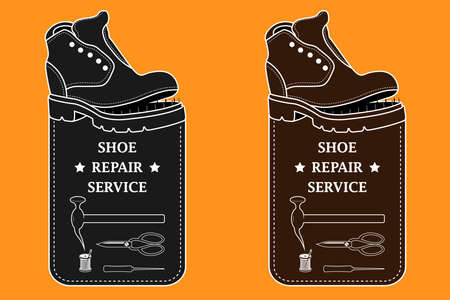 Shoe repair service and maintenance. Vector image of logo. Trendy concept in old retro style. Shoemaker, cobbler logo template. Repair of women's and men's shoes. Boots and a set of tools silhouetteのイラスト素材