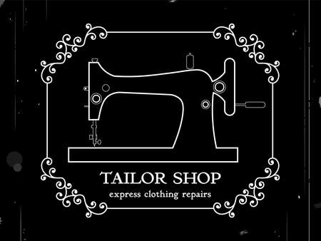 Blank, template for advertising a Tailor shop. Repair and sewing of clothes. Scissors cut through the fabric. Spool of thread. Men's, women's, children's clothing. Vector in retro silent movie styleのイラスト素材