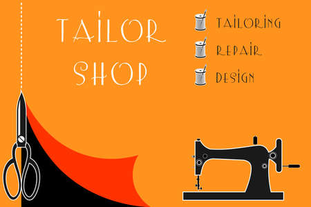 Blank, template for advertising a Tailor shop. Repair and sewing of clothes. Scissors cut through the fabric. Spool of thread. Men's, women's and children's clothing. Vectorのイラスト素材