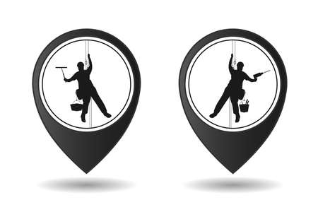 Industrial alpinism. High-altitude work. Washing of glass and facades. Silhouette of a working climber hanging on ropes. Two design options. Geolocation sign, location designation. Vector isolatedのイラスト素材