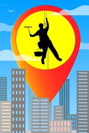 Industrial alpinism. High-altitude work. Washing of glass and facades. Silhouette of a working climber hanging on ropes. Geolocation sign, location. On the background of city skyscrapers. Vectorのイラスト素材