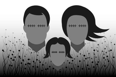 Black mold, fungus, covid-19 virus. Sick family, patients with removed eyes on background of spores black mold fungus mold. Outbreak of illness after pneumonia. Epidemic, pandemic. Head without eyesのイラスト素材