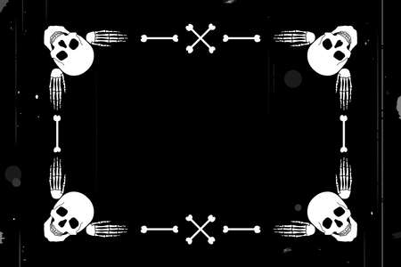 Skull, bones, halloween. Background, template, blank for inscription, logo. Retro silent movie style. Vintage retro frame. Old photo cinematic film with defects. Silent black white movie stylizationのイラスト素材