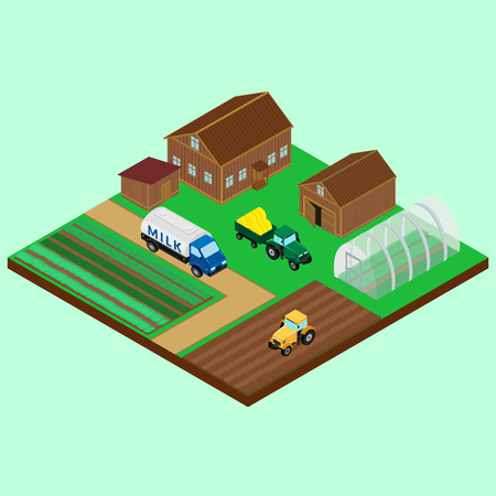 illustration. The yard of a farm - house, barn, tractor with trailer, a tanker carrying the milk on the road, field, greenhouseのイラスト素材