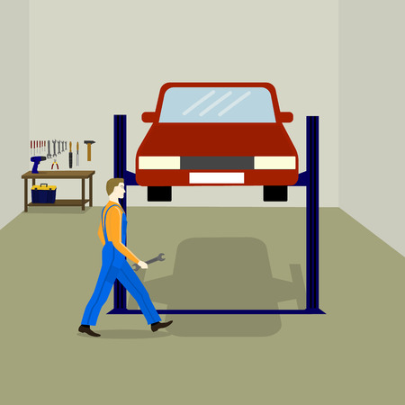 the mechanic repairs the car in the service station. table with work tools, tool box, auto lift for carのイラスト素材
