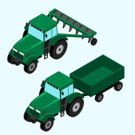 3d icons tractor with plow and tractor with trailer. isometricのイラスト素材