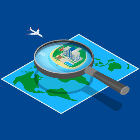 Modern hotel on the map near the sea. look through a magnifying glass. Hotel flying airplane. A beachfront restaurant, swimming pool, tennis court. isometric, infographicのイラスト素材