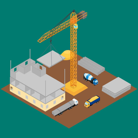 Construction site, house under construction, crane, concrete mixer, truck. The concrete blocks. Isometric, infographicのイラスト素材