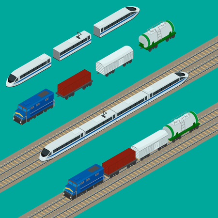 Set train icons. Passenger fast train, the locomotive, boxcar, container, tank. isometric, infographic.のイラスト素材