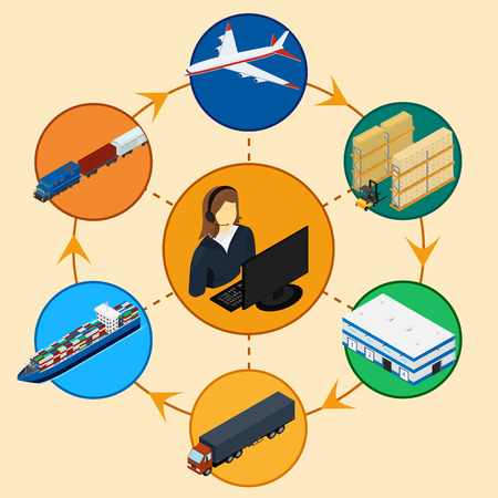 Infographics of delivery. Logistics. Freight train, ship, plane, truck. operator service. Manager. Isometric, 3Dのイラスト素材