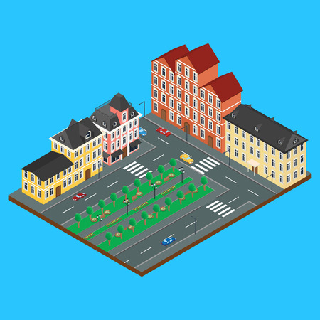 the building of old architecture. Alley in the Park. City street with cars. Infographics, isometric, 3Dのイラスト素材