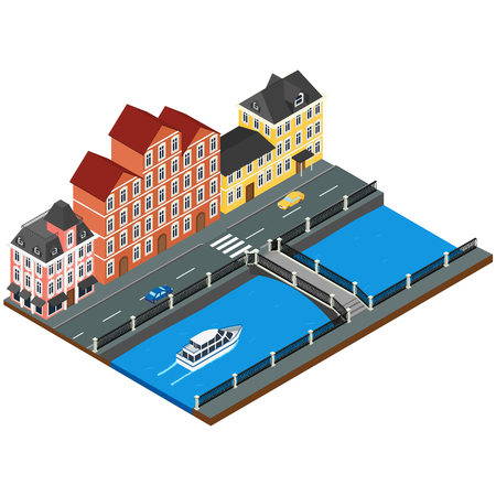 vector illustration. City street with buildings of old architecture, river embankment, bridge, road, cars. isometric, 3D, infographicsのイラスト素材