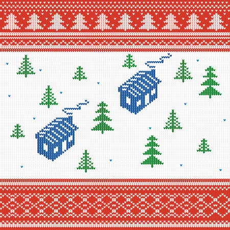 vector illustration. Knitted texture, house with Christmas trees, Nordic pattern winter sweaterのイラスト素材