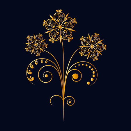 Vector illustration. Lace pattern gold flower on a black background.のイラスト素材