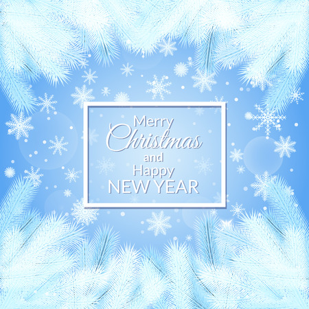 Christmas background with spruce branches in frost, snowflakes. The new year greetings in a frameのイラスト素材
