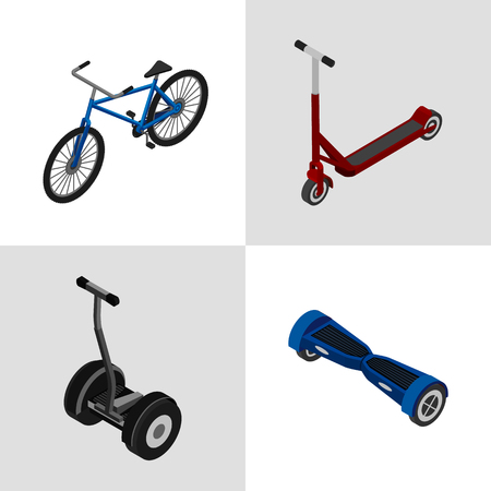 Set of colorful icons transport for extreme sports. Bicycle, scooter, gyroscooter, electric scooter. Isometric, 3Dのイラスト素材