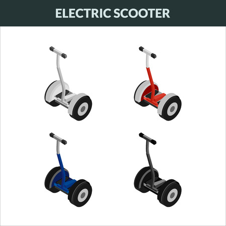 Set of colorful isometric icons two-wheeled, eco electric scooters. 3Dのイラスト素材