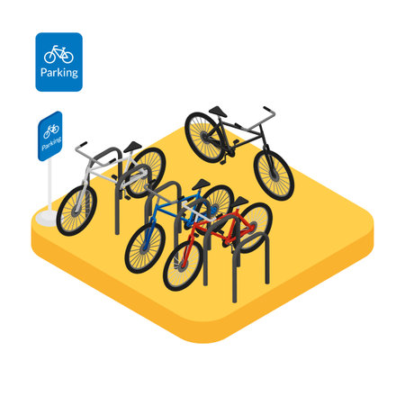 Vector illustration. Web icon bicycle parking with colorful bikes and the sign. Isometric. 3D.のイラスト素材