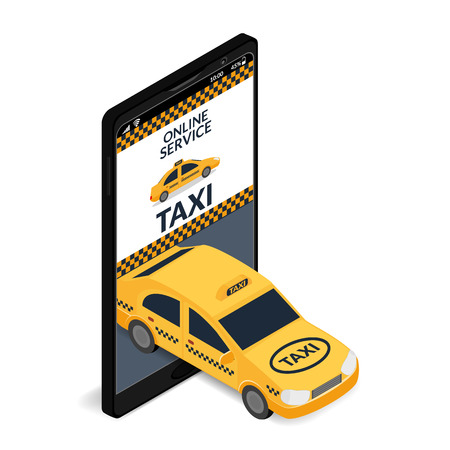 Vector illustration. Car taxi leaves from a mobile phone. The concept for the design of business cards, mobile applications, advertising, web banner taxi service. Isometric, 3Dのイラスト素材