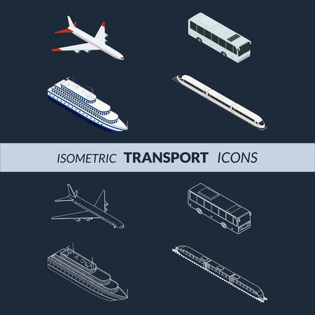 Vector illustration. Set of icons public passenger transport on a dark background. Airplane, ship, train, bus. Isometric, 3D. Contour, outlineのイラスト素材