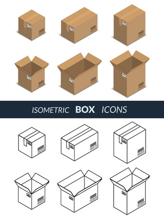 Vector illustration. Set of icons of open and closed cardboard boxes for shipping and delivery. Colorful and contour. Isometric, 3D.のイラスト素材