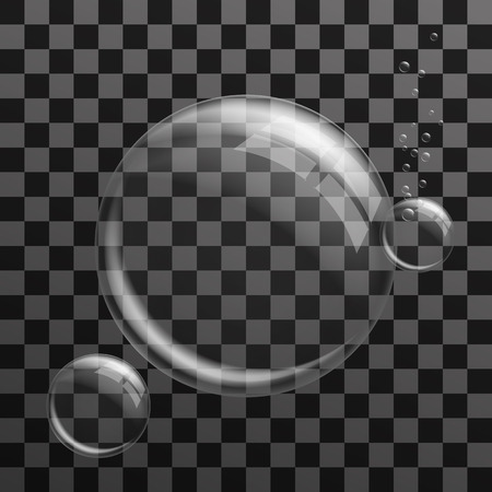 White transparent bubbles with reflections of light, rising in the water, soap scum. Background.の写真素材