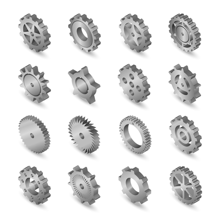 Set of web icons metal mechanical gears on a white background. Isometric, 3D.のイラスト素材