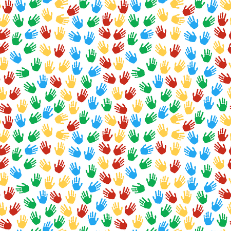 Seamless pattern from colorful prints of hands. Background for packing, banner, poster. Concept for peace, cooperation, friendship.のイラスト素材