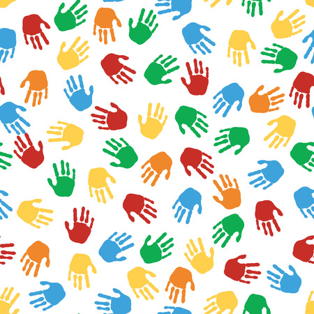 Seamless pattern of colorful hand prints. Background. Design for textile, poster, postcard. A concept symbolizing friendship, cooperation, peace, unity. Vector illustration.のイラスト素材