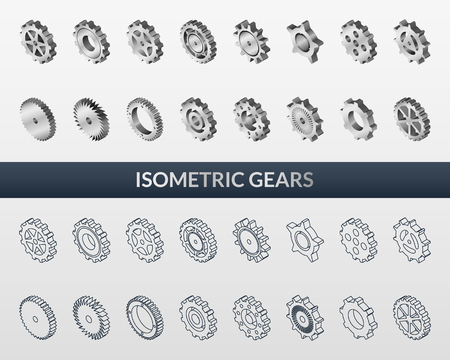 Vector illustration. Set of web icons mechanical gears on a white background. Isometric, 3D. outline and colorful metal gears.のイラスト素材