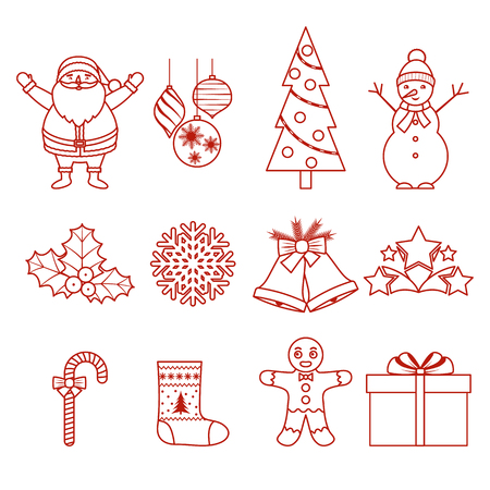 Set of Christmas outline icons. Santa Claus, snowman, Christmas tree, stars, gift, balls. New Year's symbols. Vector illustration.のイラスト素材