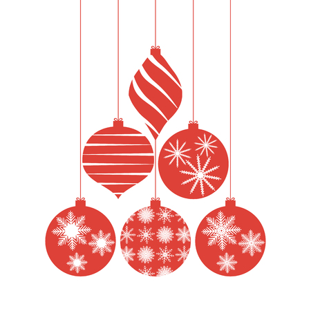 Set of red Christmas tree decorations, balls with snowflakes and patterns. Design for a holiday greeting card, banner, invitation. Vector illustration.のイラスト素材