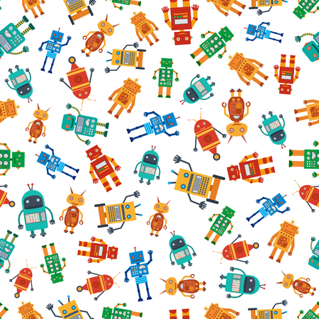 Seamless pattern from colorful robots in flat style. Design for children's textiles, toys, packaging, poster. Vector illustration.のイラスト素材