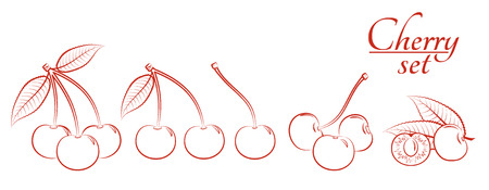 Outline ripe cherry with leavesのイラスト素材