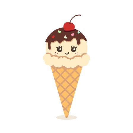 Cute, kawaii vanilla ice cream with a smile in a waffle cone. Vector illustration.のイラスト素材