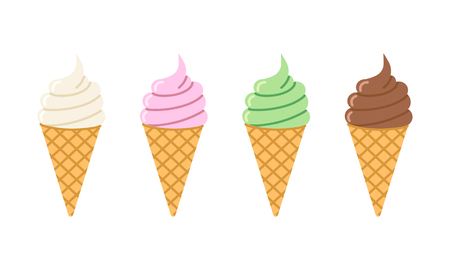 Colorful ice cream in a waffle cone. White vanilla, green pistachio, pink berry and brown chocolate. Vector illustration.のイラスト素材