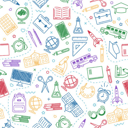Seamless school pattern. Back to school. Coloroutline icons for education on white background. Design for posters, banners, labels. Vector illustration.のイラスト素材