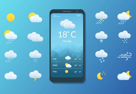 Meteorology. Smartphone with weather forecast. Set of flat style iconsのイラスト素材