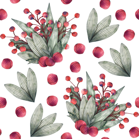 seamless pattern of autumn leaves, berriesの写真素材