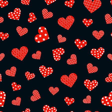 Hand-drawn doodle seamless pattern with hearts and stars. Design elements for Valentine's day. Dark navy color background and multicolor elements.のイラスト素材
