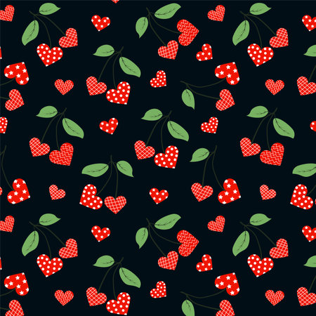 Seamless vector repeat pattern with hand drawn doodle red heart shaped cherry couples with green leaves on dark black background. Simple cute Valentines day backdropのイラスト素材
