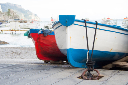 Fishing boats in Positano, Italyの写真素材