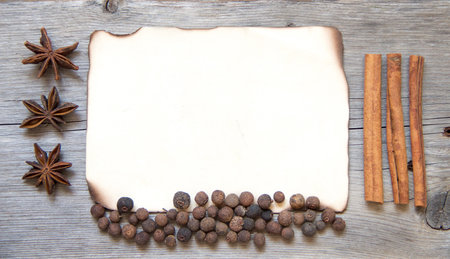 Spices background - cinnamon, pepper and anice の写真素材