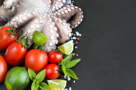 Raw octopus with lime, tomatoes and basil over dark backgroundの写真素材