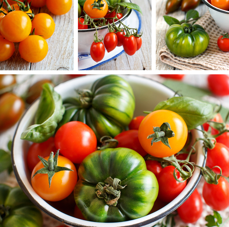 Colorful tomatoes in a bowl close up selective focusの写真素材