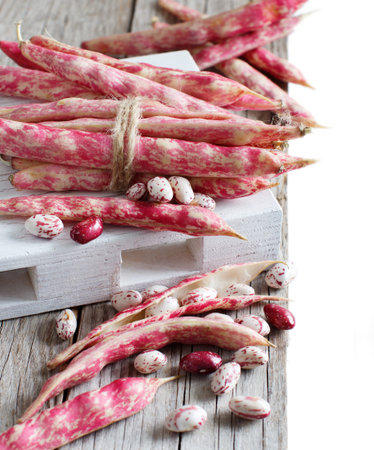 Pinto beans with pods on a wooden table close up