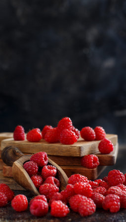 Fresh raspberries on a dark background close up