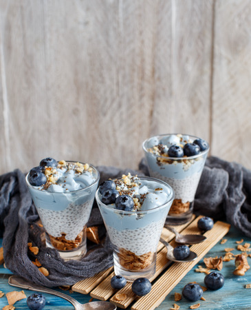 Blueberries and yogurt chia pudding parfait in a glass close upの写真素材